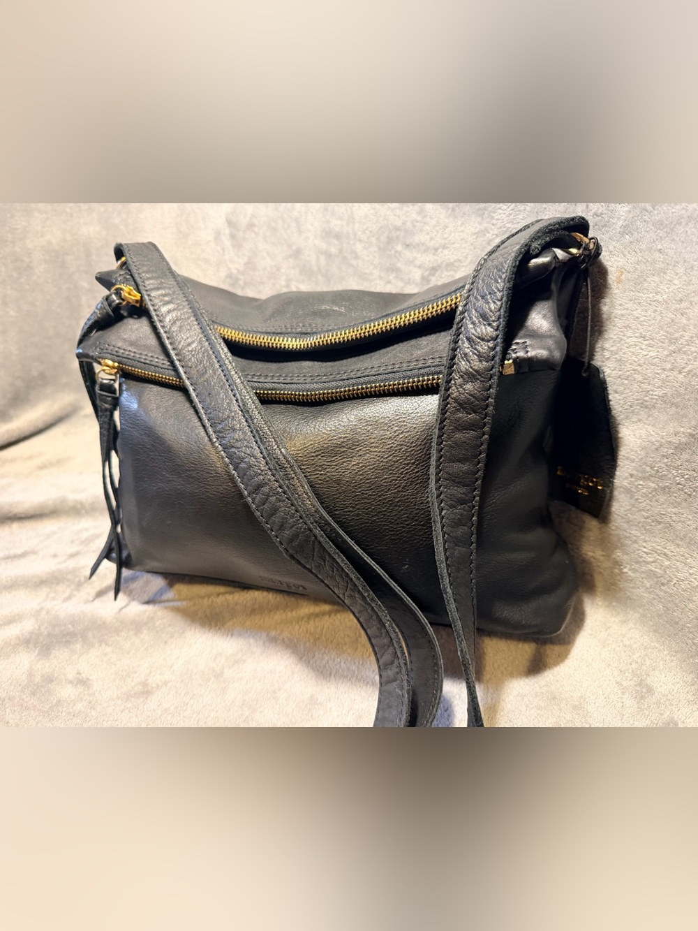 Margot Double Zip Black Supple Leather Crossbody w/ Brass Hardware - Picture 4 of 9